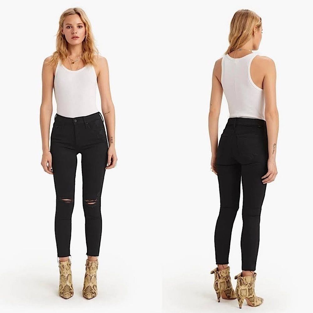 MOTHER looker ankle fray distressed jeans guilty as sin black size 25